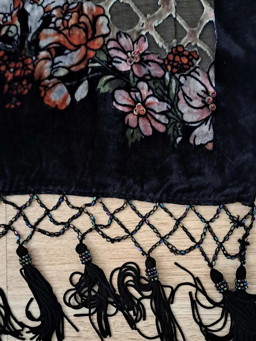 Vintage Black Sheer Floral Scarf with Fringe 100% Silk